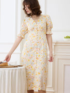 Robe longue fleurie jaune col V manches courtes pour femme