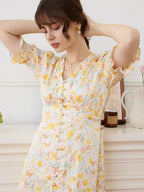 Robe longue fleurie jaune col V manches courtes pour femme