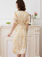 Robe longue fleurie jaune col V manches courtes pour femme