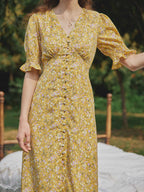 Robe longue fleurie jaune col V manches courtes pour femme