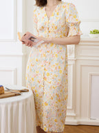 Robe longue fleurie jaune col V manches courtes pour femme