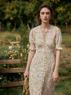 Robe longue fleurie jaune col V manches courtes pour femme
