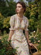 Robe longue fleurie jaune col V manches courtes pour femme