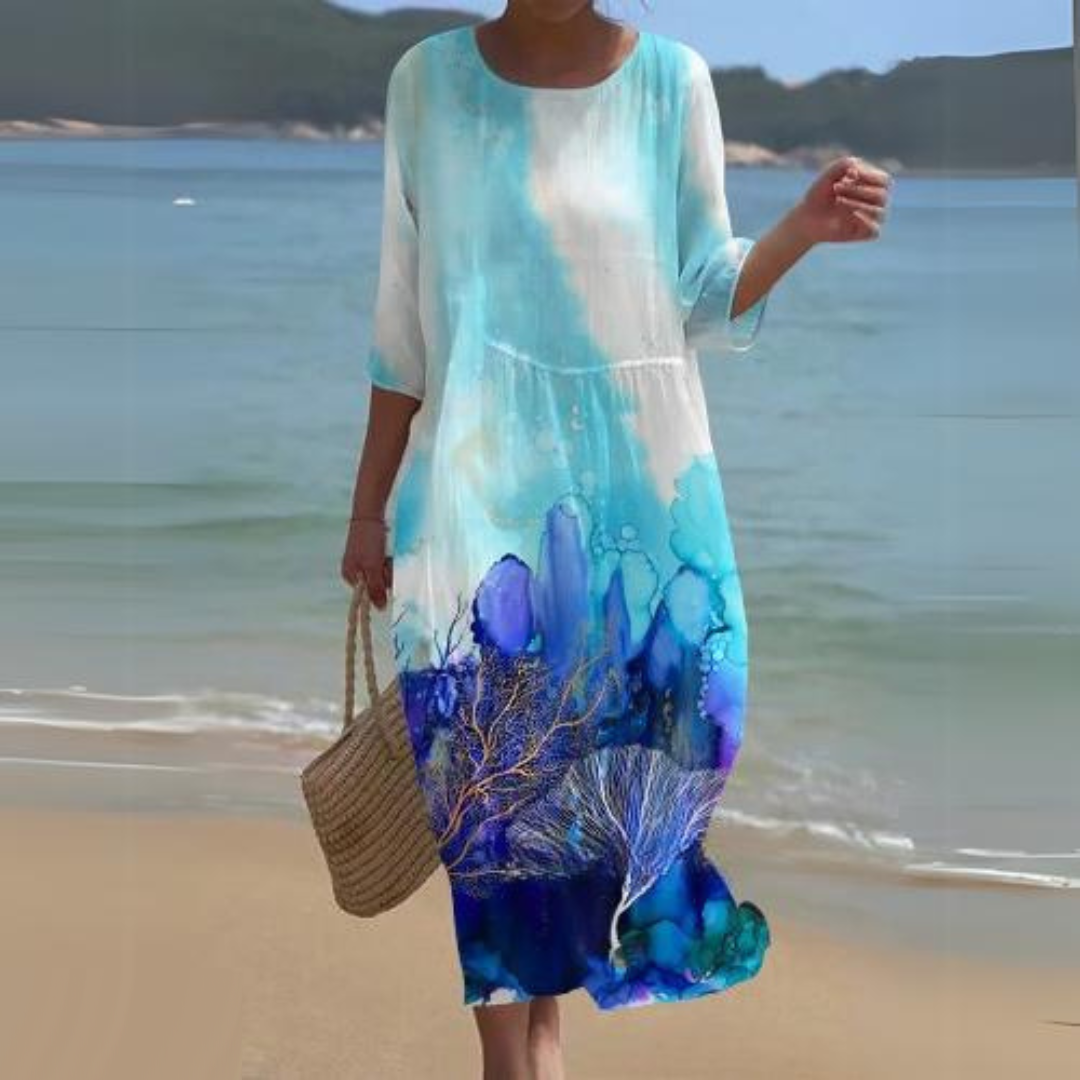 Robe longue fluide imprimé fleuri manches 3/4 błękitny ocean pour femme