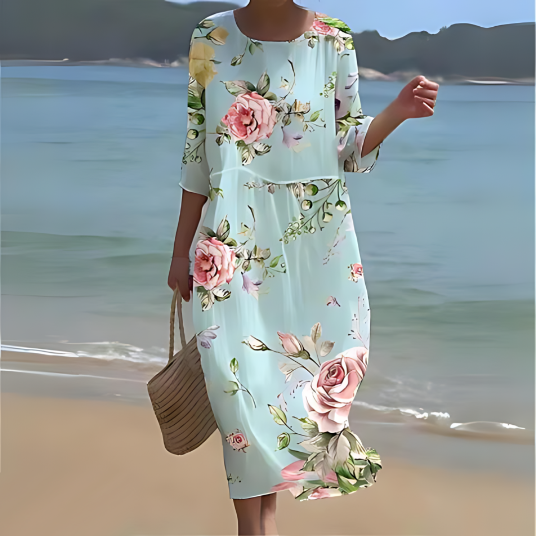 Robe longue fluide imprimé fleuri manches 3/4 bleu pour femme