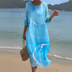 Robe longue fluide imprimé fleuri manches 3/4 bleu clair pour femme
