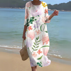 Robe longue fluide imprimé fleuri manches 3/4 delikatny kwiatowy wzór pour femme