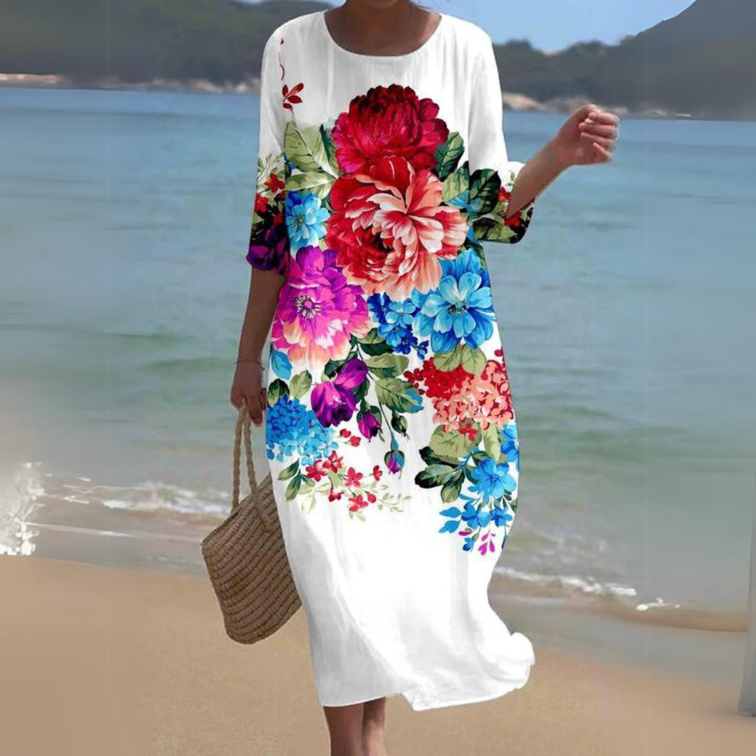 Robe longue fluide imprimé fleuri manches 3/4 kolorowe kwiaty pour femme