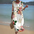 Robe longue fluide imprimé fleuri manches 3/4 kwiatowy pour femme