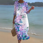 Robe longue fluide imprimé fleuri manches 3/4 liliowy pour femme