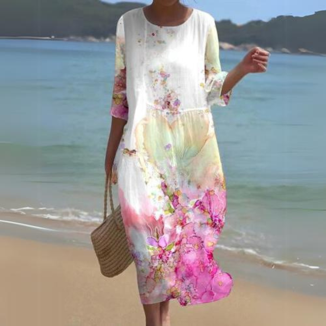 Robe longue fluide imprimé fleuri manches 3/4 pastelowy pour femme
