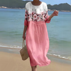 Robe longue fluide imprimé fleuri manches 3/4 rose pour femme