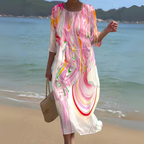 Robe longue fluide imprimé fleuri manches 3/4 rose wir pour femme