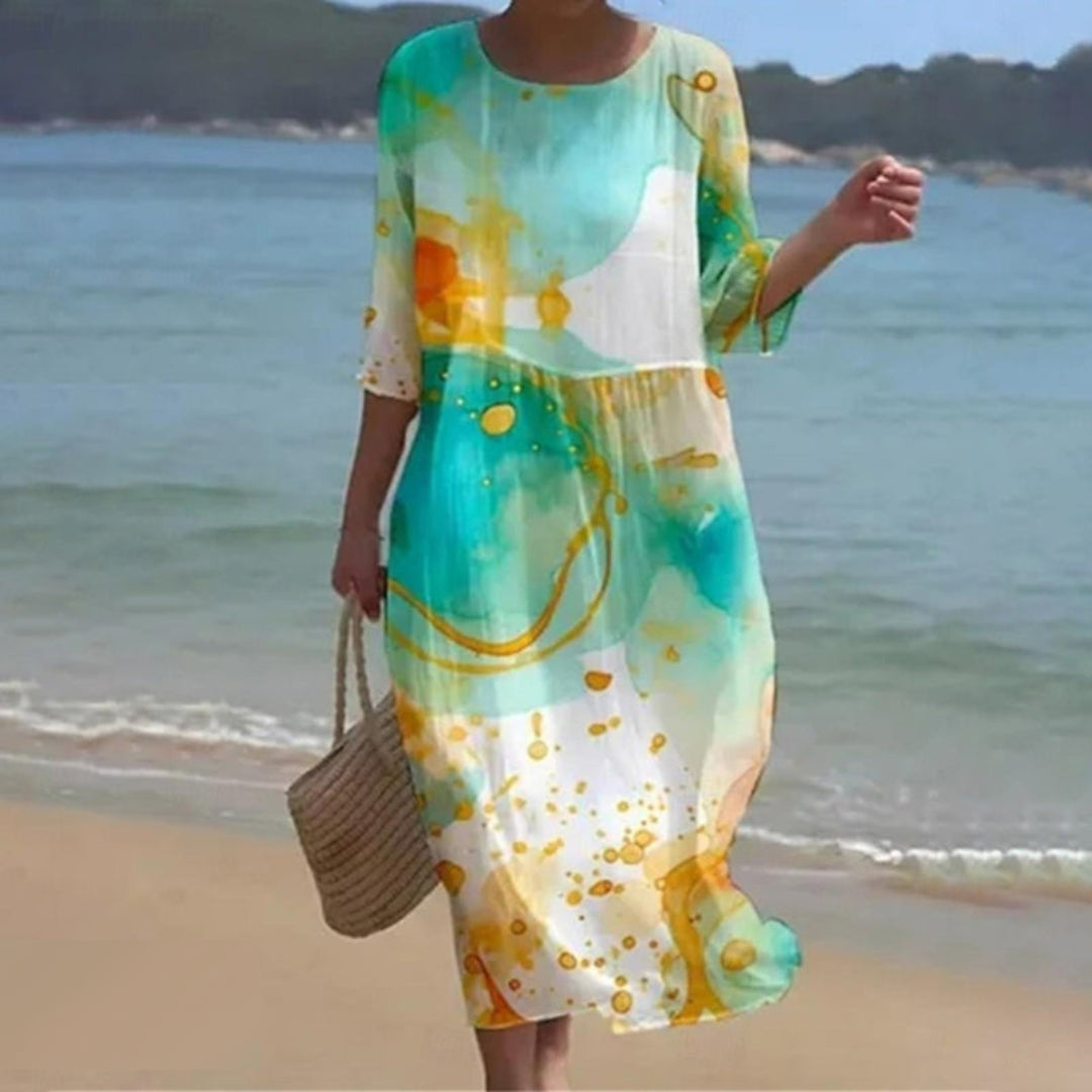 Robe longue fluide imprimé fleuri manches 3/4 vert pour femme