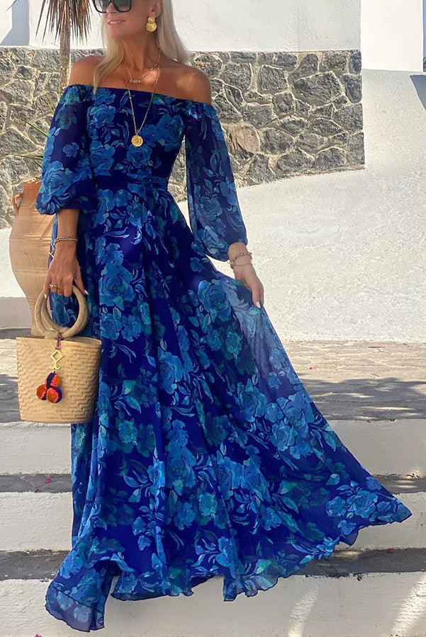 Robe longue fluide imprimé floral épaules dénudées bleu pour femme