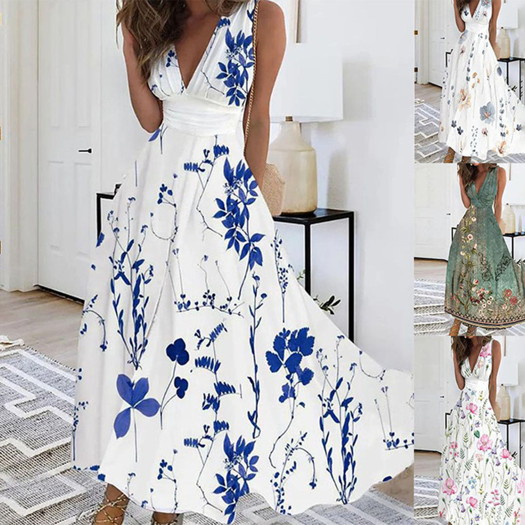 Robe longue fleurie col V sans manches