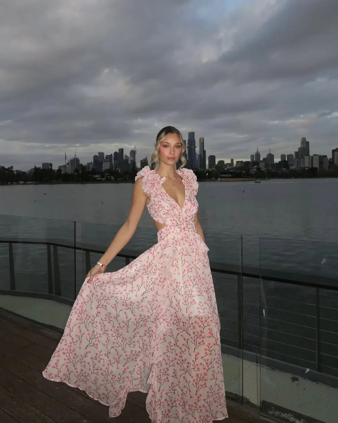 Robe longue imprimé floral volants pour femme
