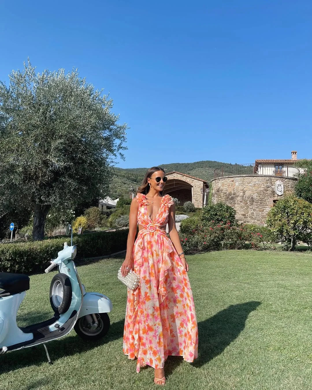 Robe longue imprimé floral volants pour femme