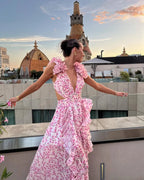 Robe longue imprimé floral volants pour femme