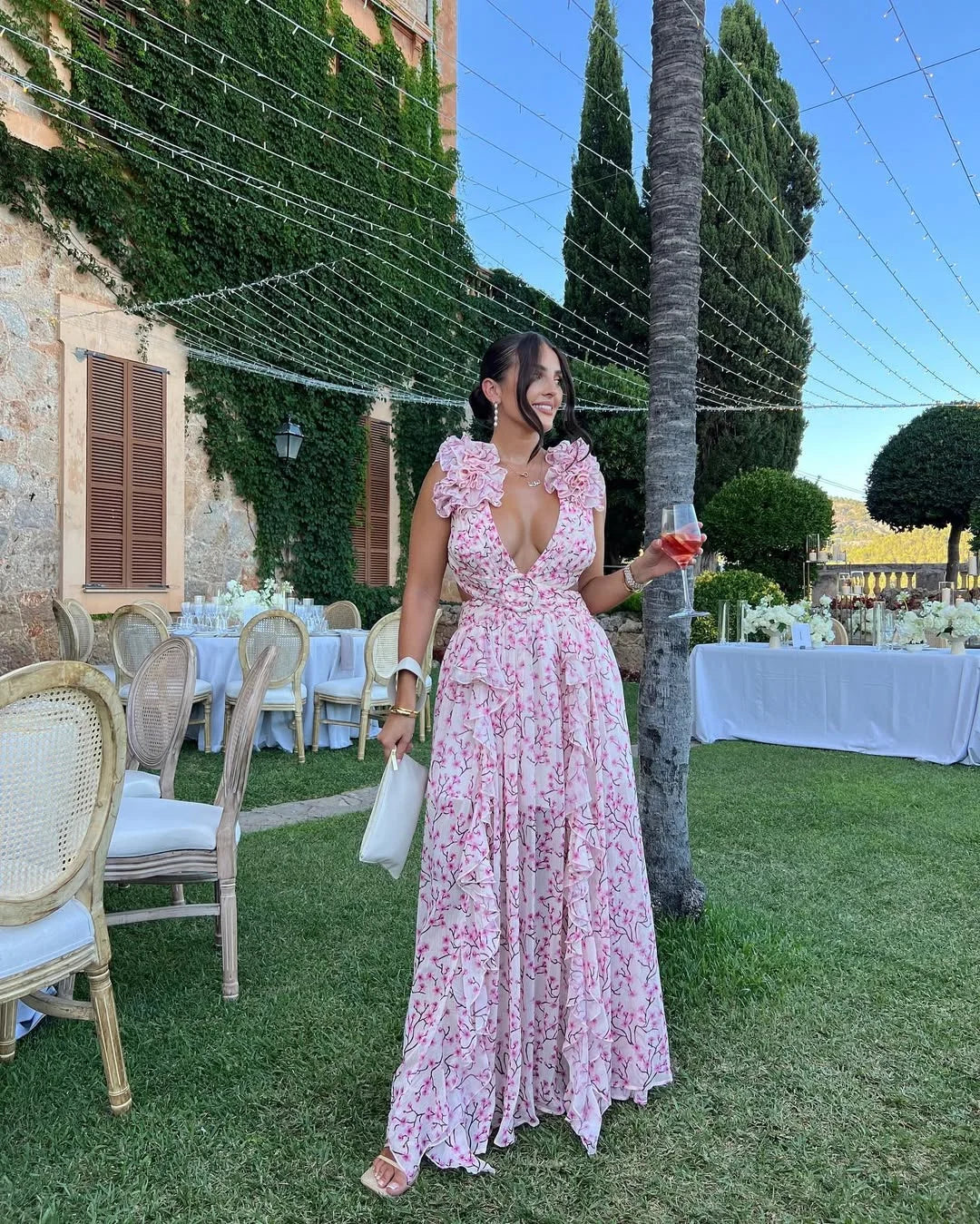 Robe longue imprimé floral volants pour femme
