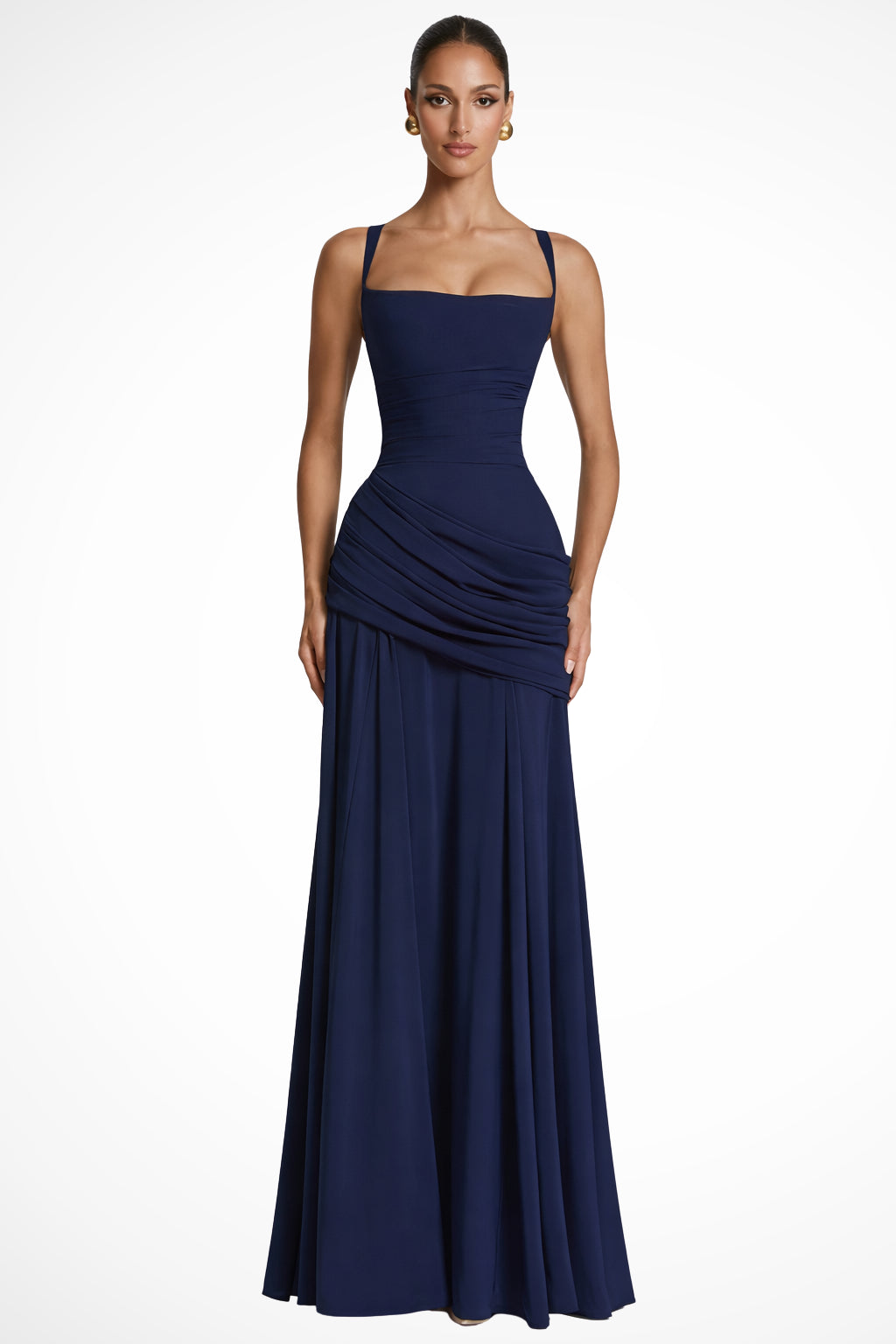 Robe longue jaune froncée décolleté carré pour femme