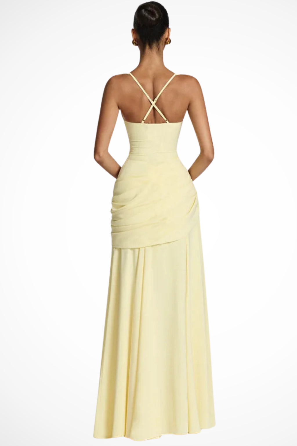 Robe longue jaune froncée décolleté carré pour femme