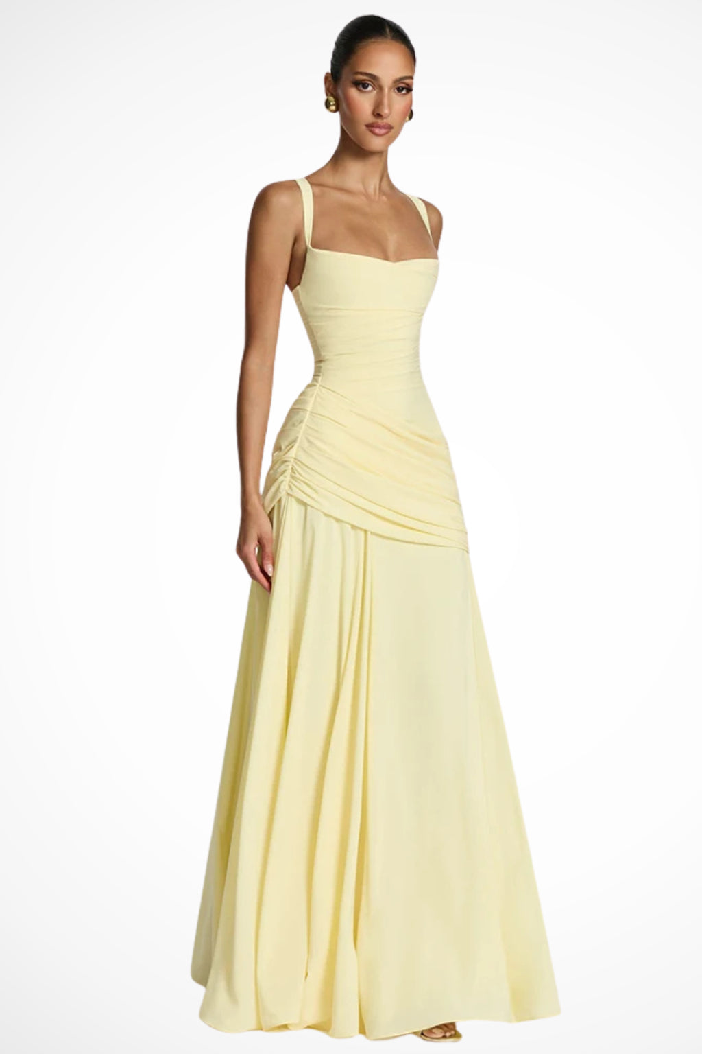 Robe longue jaune froncée décolleté carré pour femme