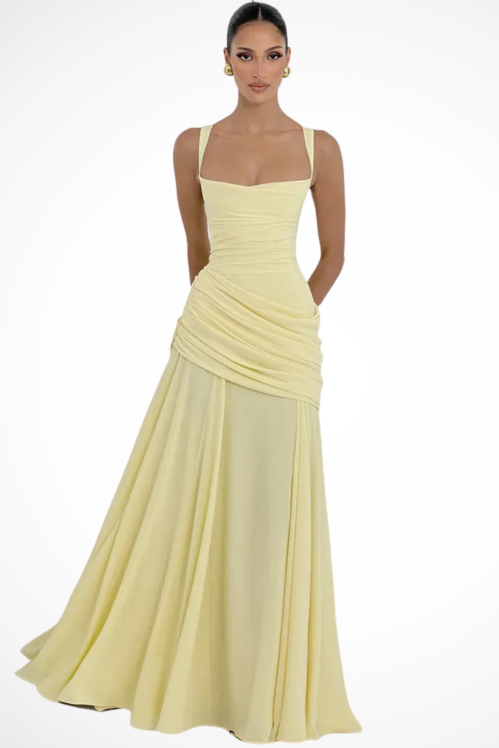 Robe longue jaune froncée décolleté carré pour femme