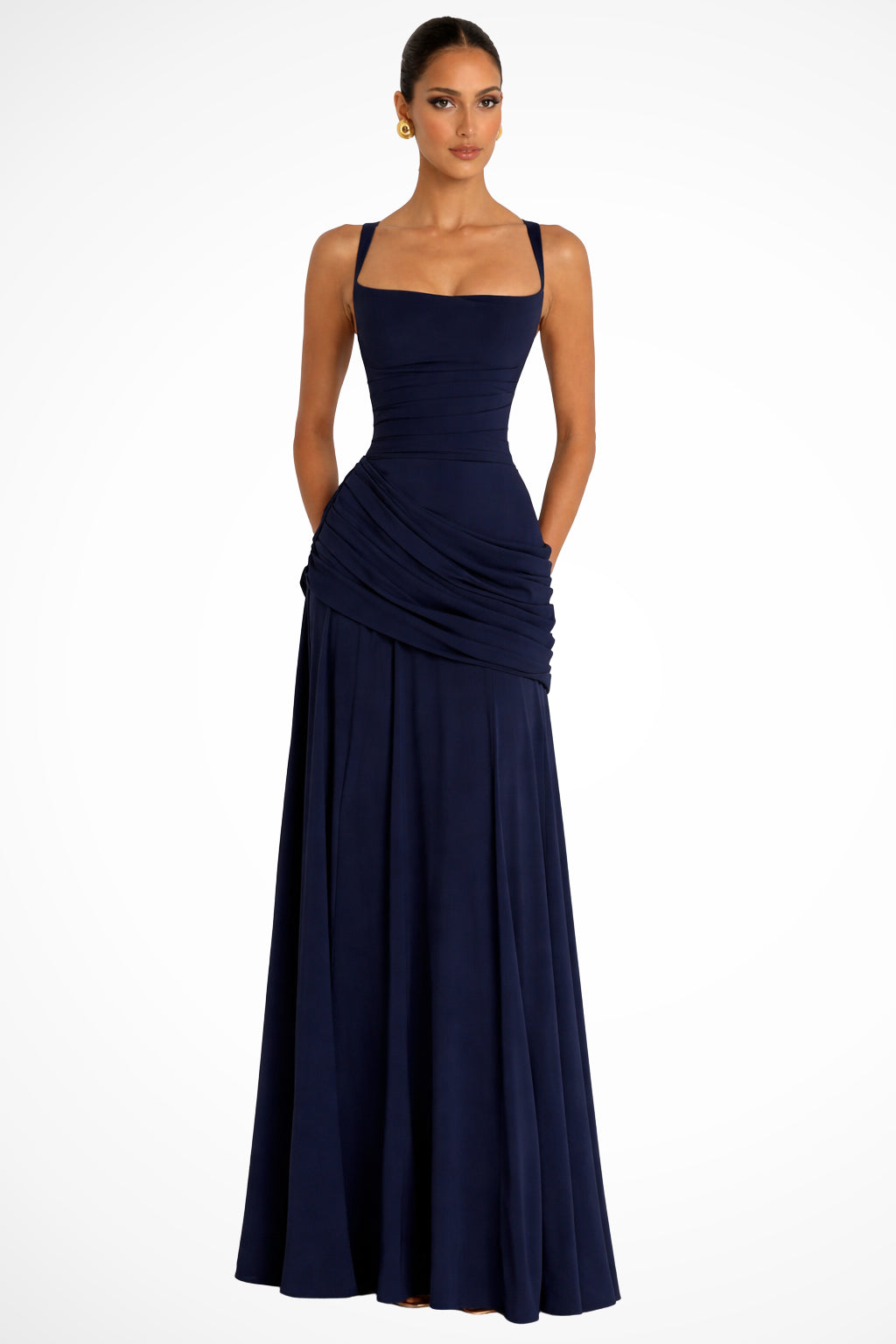 Robe longue jaune froncée décolleté carré pour femme