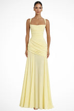 Robe longue jaune froncée décolleté carré pour femme