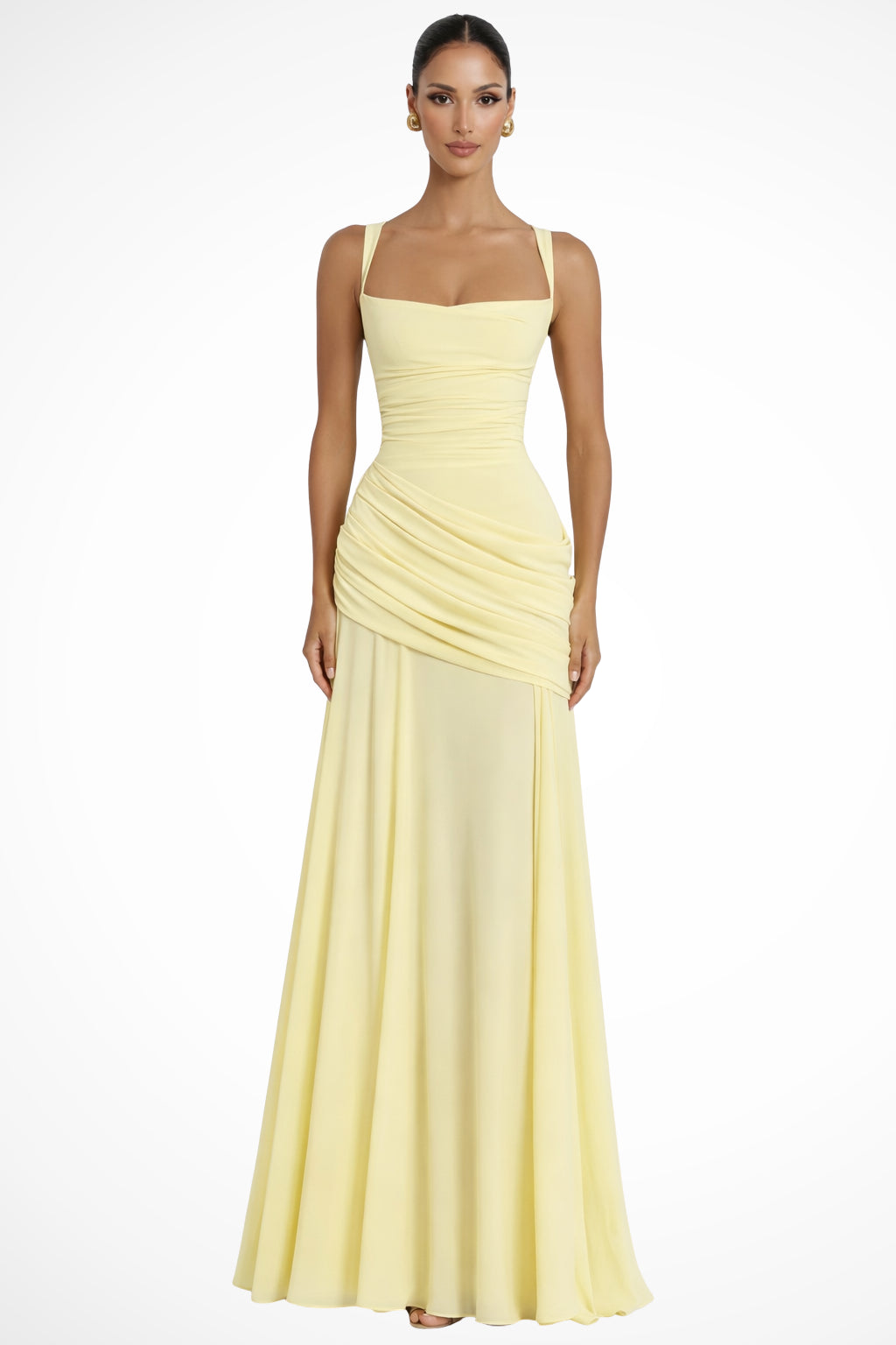 Robe longue jaune froncée décolleté carré pour femme