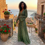 Robe maxi plissée à paillettes col V manches longues pour femme