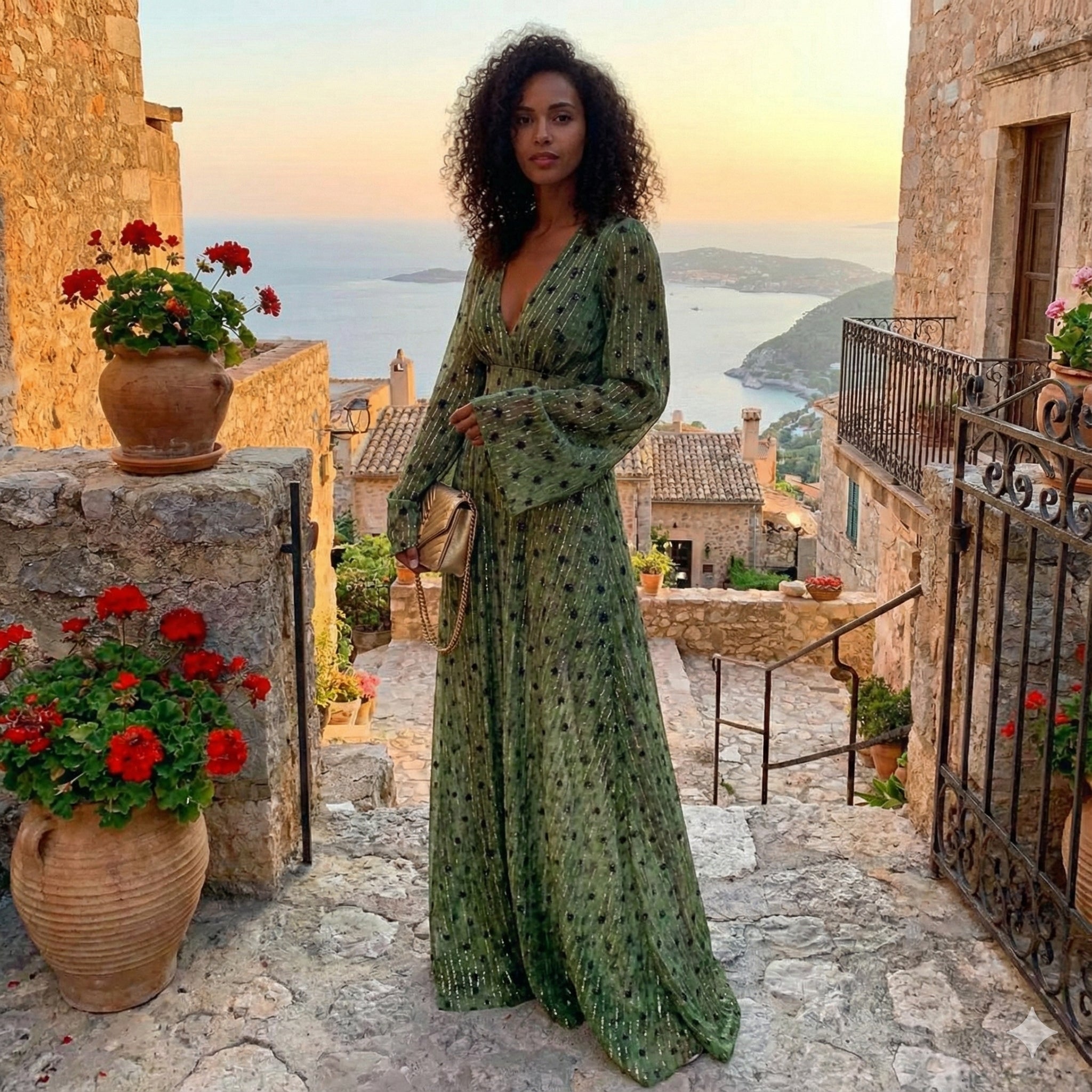 Robe maxi plissée à paillettes col V manches longues pour femme