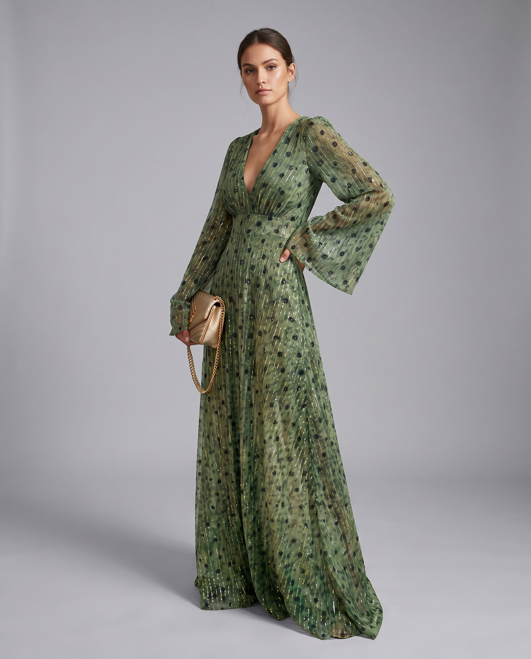 Robe maxi plissée à paillettes col V manches longues pour femme