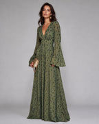 Robe maxi plissée à paillettes col V manches longues pour femme