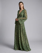 Robe maxi plissée à paillettes col V manches longues pour femme