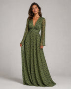 Robe maxi plissée à paillettes col V manches longues pour femme