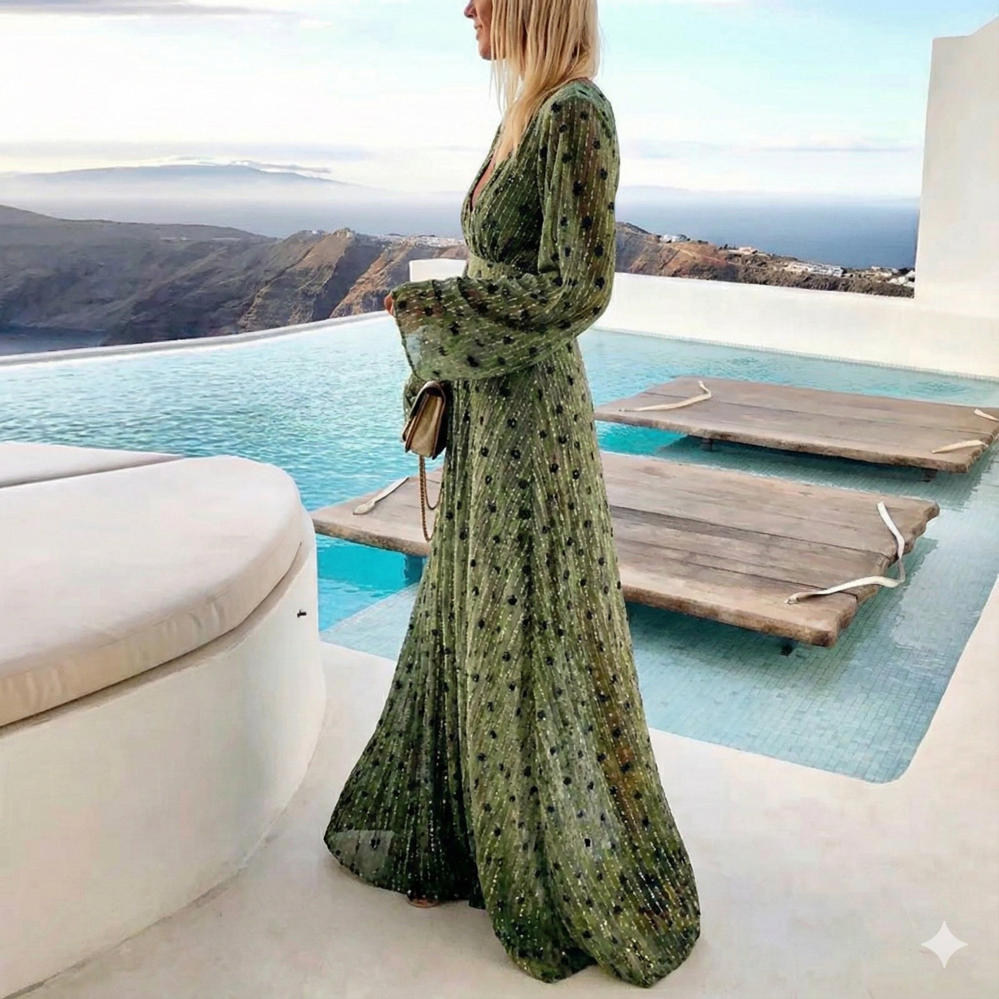 Robe maxi plissée à paillettes col V manches longues pour femme