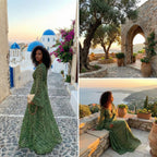 Robe maxi plissée à paillettes col V manches longues pour femme