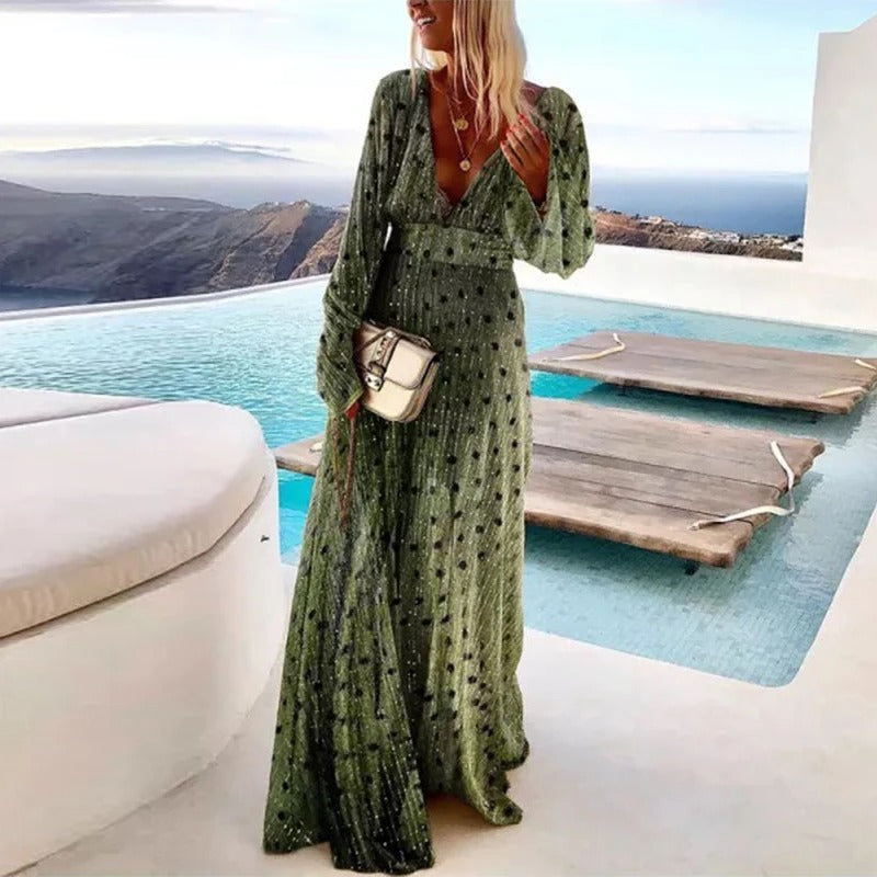 Robe maxi plissée à paillettes col V manches longues pour femme
