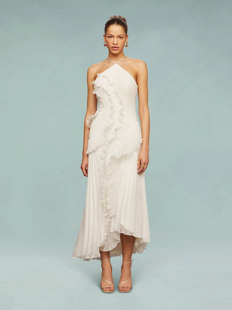 Robe longue plissée asymétrique une épaule