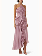 Robe longue plissée asymétrique une épaule