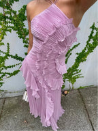 Robe longue plissée asymétrique une épaule