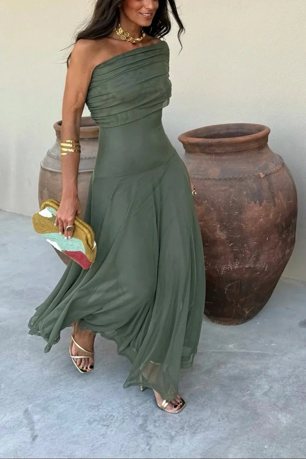Robe longue plissée asymétrique une épaule pour femme