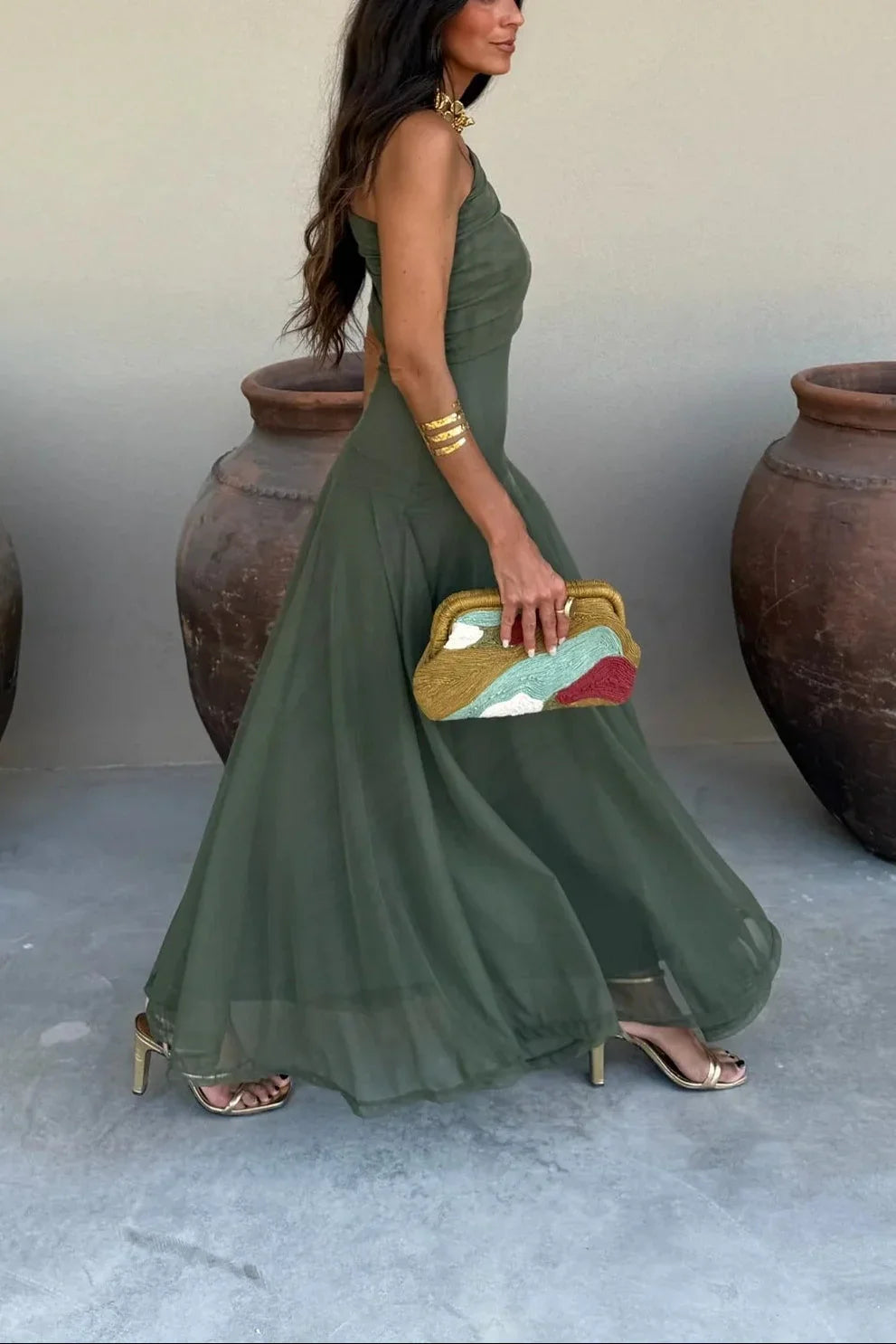 Robe longue plissée asymétrique une épaule pour femme