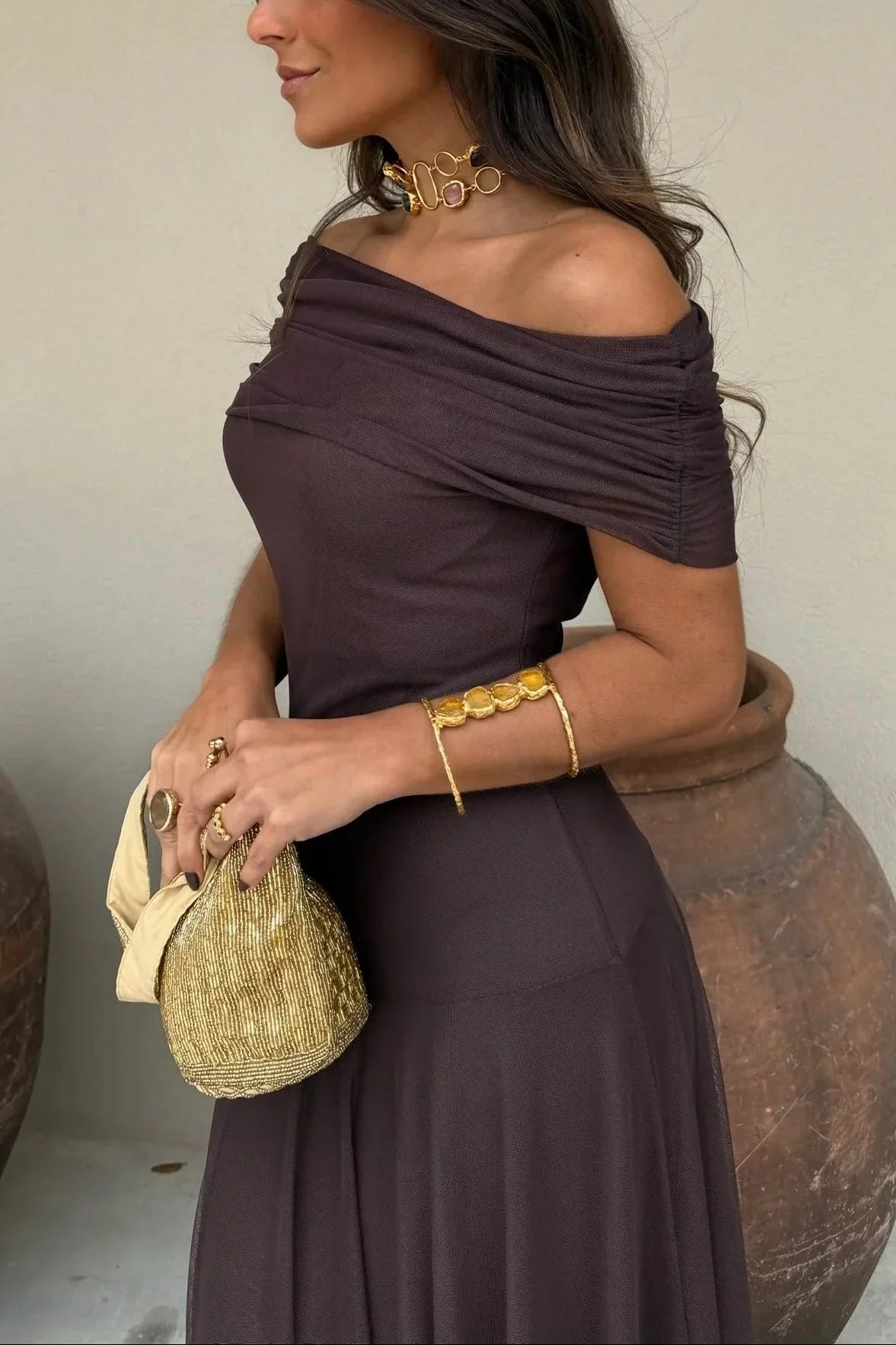 Robe longue plissée asymétrique une épaule pour femme
