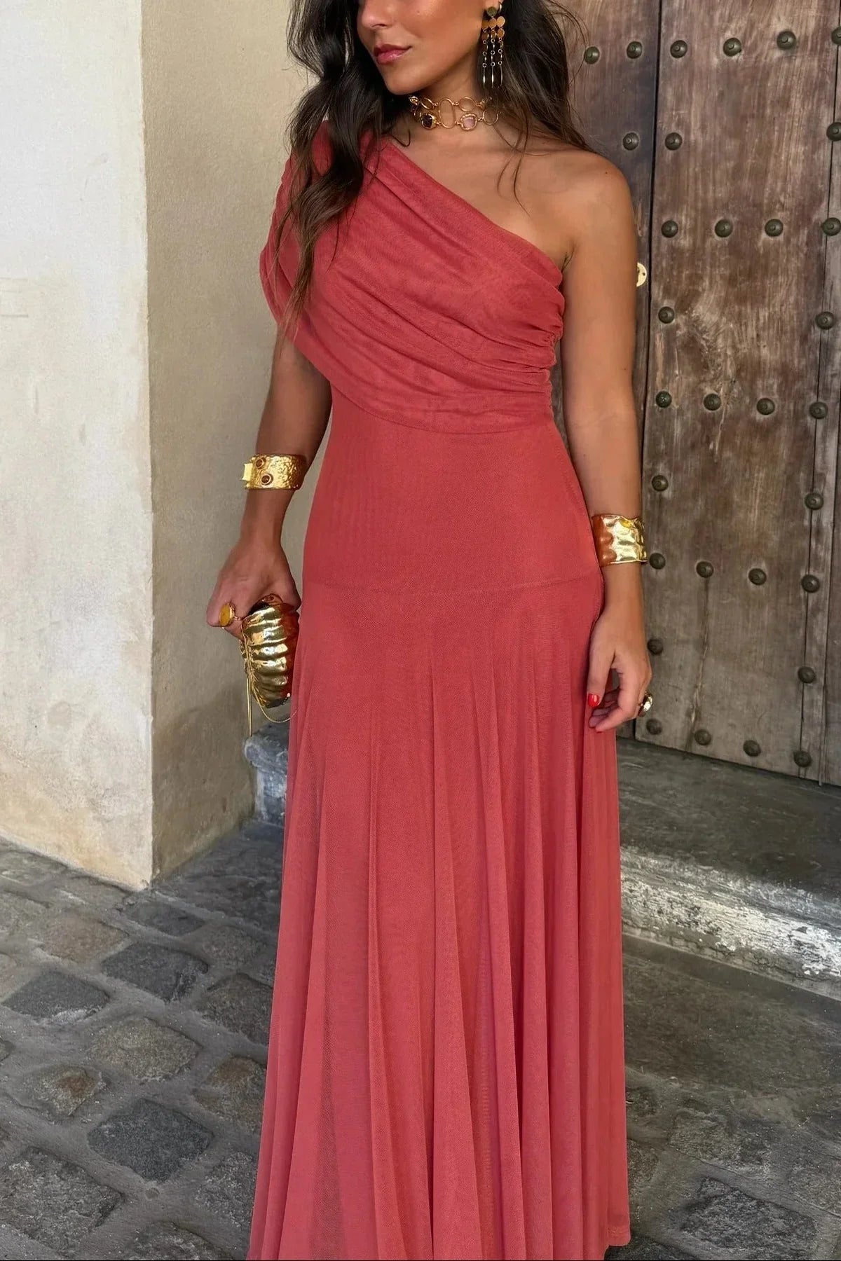 Robe longue plissée asymétrique une épaule pour femme