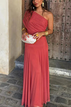 Robe longue plissée asymétrique une épaule pour femme