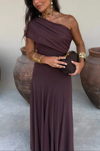 Robe longue plissée asymétrique une épaule pour femme