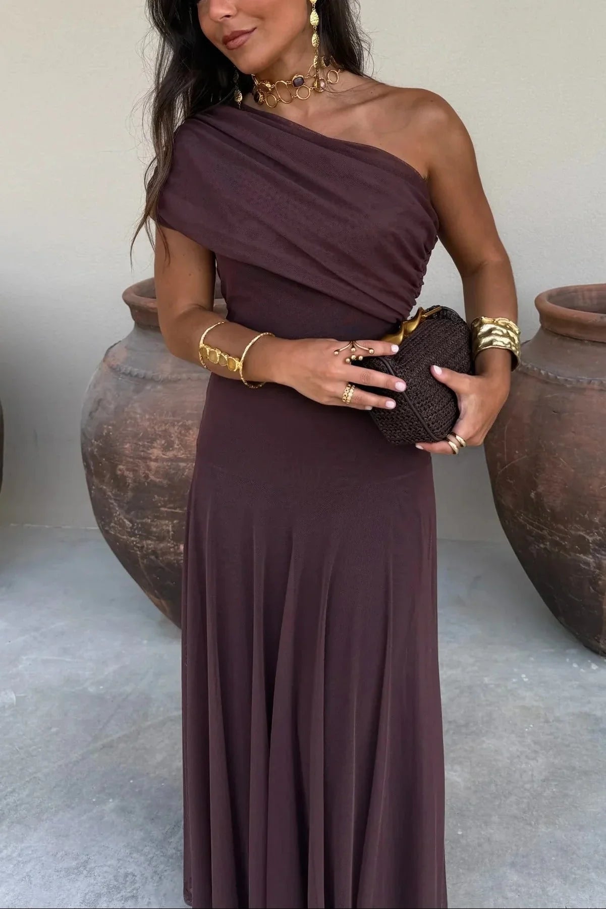 Robe longue plissée asymétrique une épaule pour femme